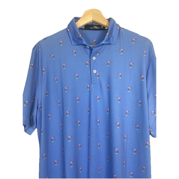 RLX Ralph Lauren Mens M Fishing Flamingo Golf Polo Shirt Blue Lightweight New - Picture 2 of 9